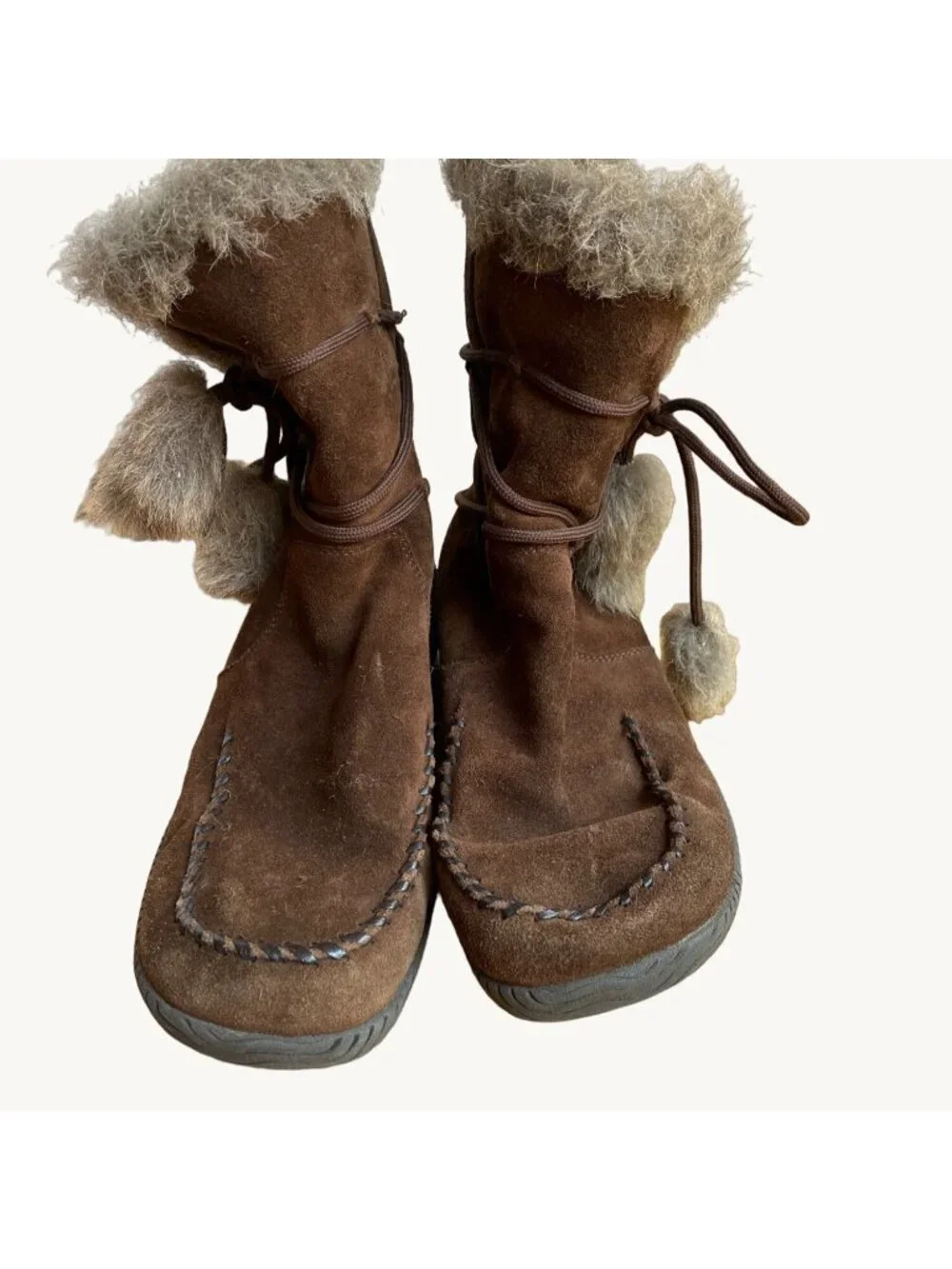 Rieker size 39EU (8US) Brown Fur Trimmed Pom-Pom Lace Lined Ankle Boots